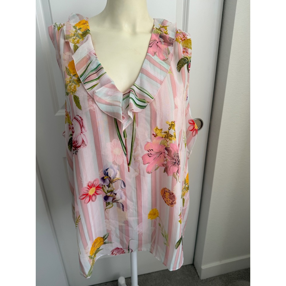 NorthStyle Womens XL Pink Striped Floral Ruffle V-Neck Sleeveless Blouse Lined